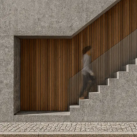 Pessoa a subir escadas da Habitação Coletiva RS